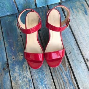 Nine West Patent Leather Strappy Cork Platforms 7.5